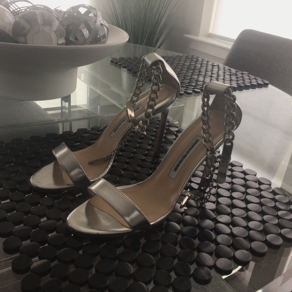 Manolo Blahnik Metallic Silver Chain-Ankle Strap Sandals